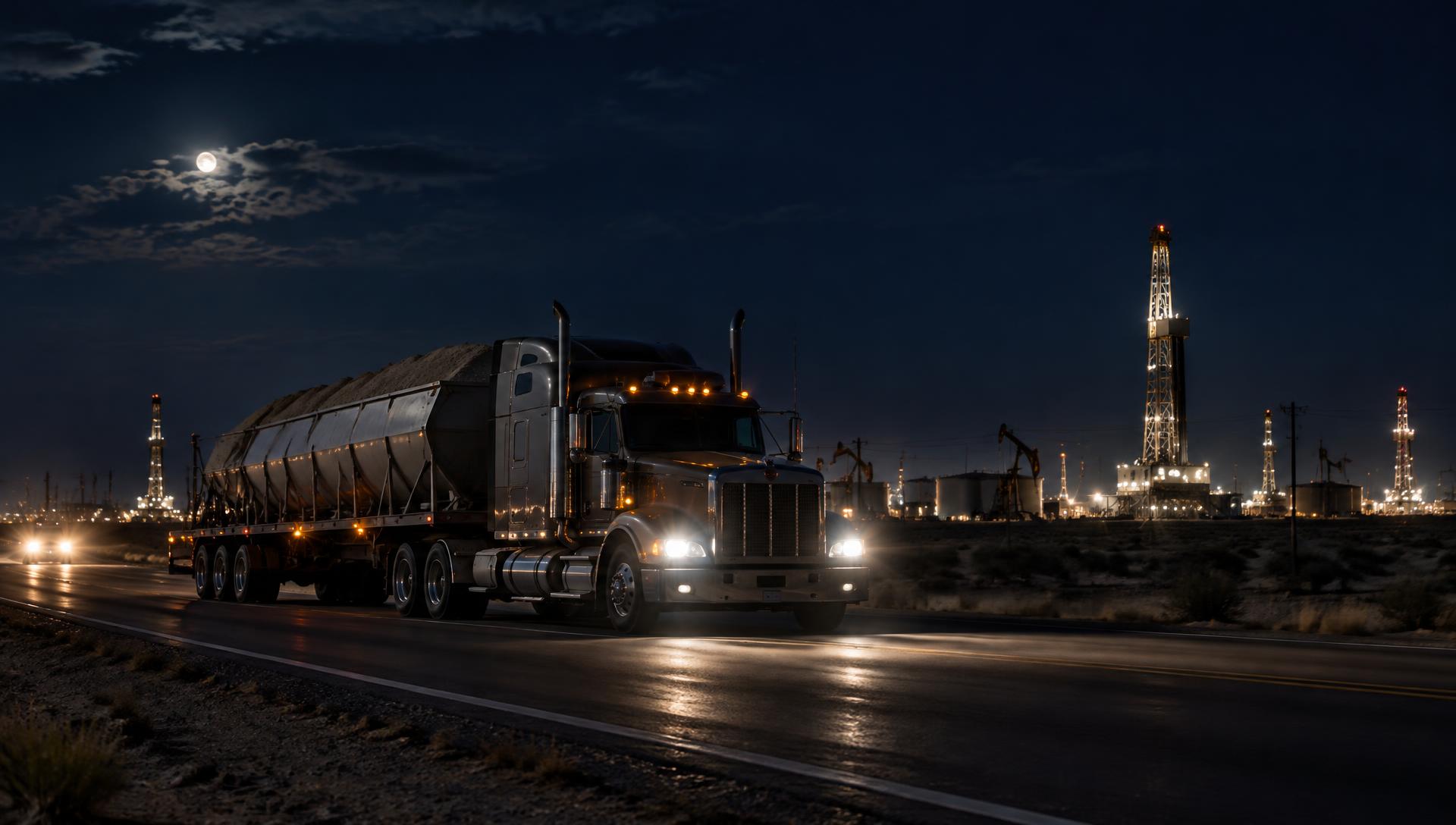 Sand hauling truck on a West Texas highway at night near oil rigs